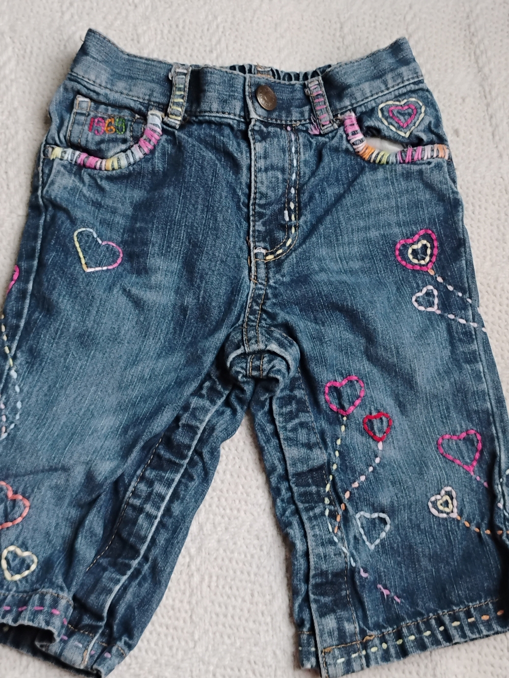 Vintage Baby GAP Denim Kids Jeans with Multicolor Heart Embroidery - Blue